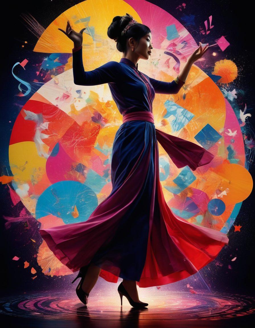 A vibrant collage of iconic Asian entertainment symbols, featuring a silhouetted figure joyfully dancing amidst a backdrop of colorful, abstract shapes representing diverse pop culture. Include elements like a film reel, music notes, and traditional costumes blending with modern fashion. The atmosphere should convey a sense of gossip and excitement, with playful light streaks weaving through. Make it bright and eye-catching, capturing the essence of fun and ambiguity in entertainment. 3D. vibrant colors. dynamic composition.