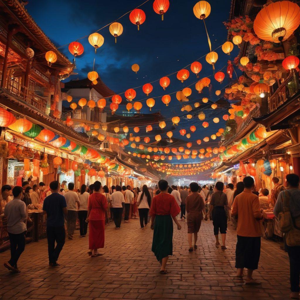 A vibrant and chaotic scene showcasing a traditional Asian festival, filled with colorful decorations and joyful people laughing and participating in various activities. The central focus should be on a captivating performance, featuring dancers in elaborate costumes, surrounded by delicious street food stalls and artistic crafts. The backdrop includes traditional architecture and festive lanterns illuminating the night sky. Capture the essence of joy and cultural richness in a lively atmosphere. super-realistic. vibrant colors. 3D.