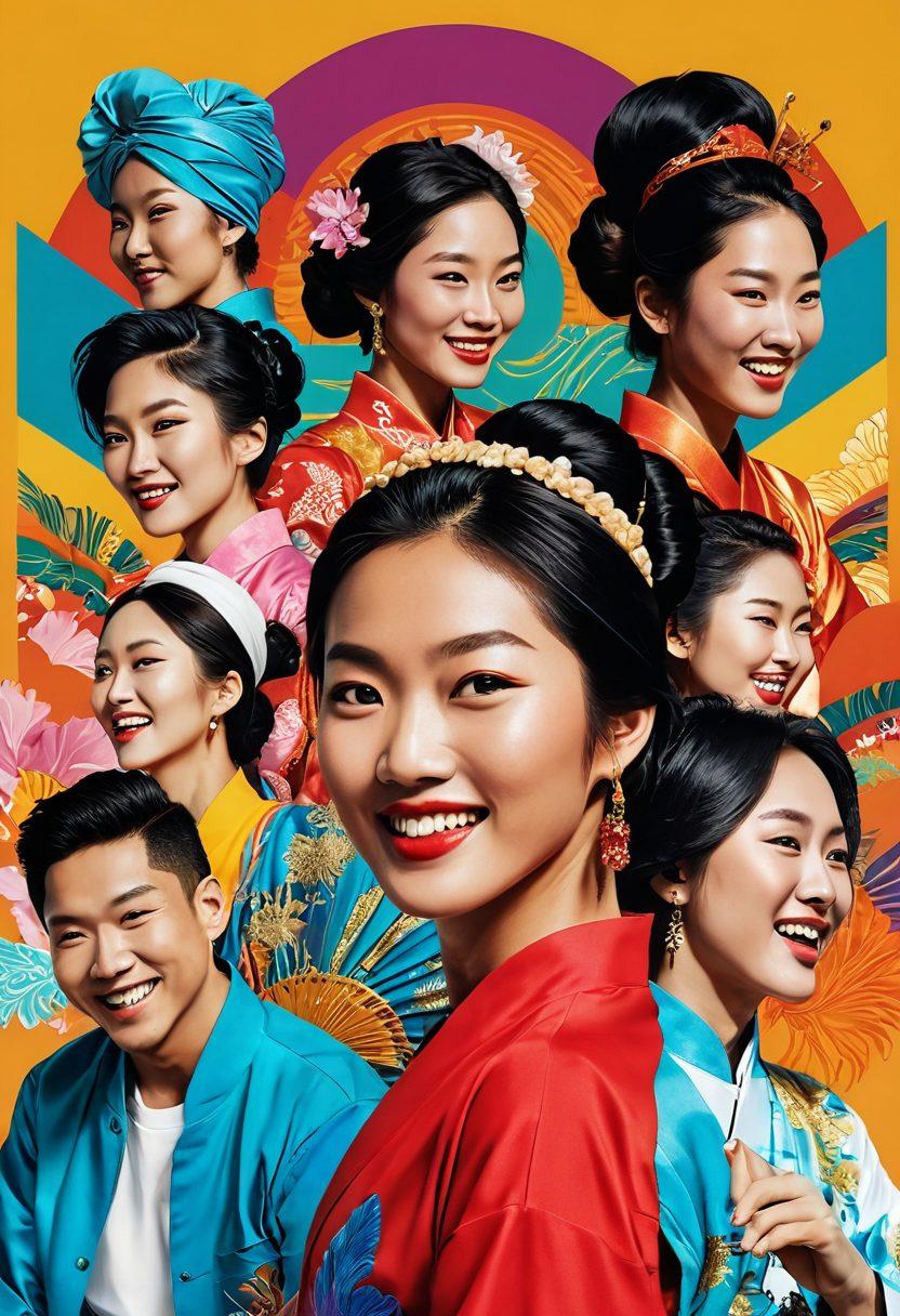 A vibrant collage showcasing diverse aspects of Asian entertainment, including traditional festivals, contemporary pop culture, and energetic street performances. Highlight contrasting elements of joy and controversy, illustrated through expressive facial expressions and dynamic motion. Use rich colors and varied textures to capture the liveliness of Asian culture, with subtle references to media and art debates in the background. surreal art style. vibrant colors. dynamic composition.